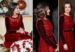 Letizia despide Marruecos con un original vestido burdeos de Carolina Herrera