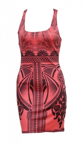 Foto Vestido corto para boda color coral con estampado en negro