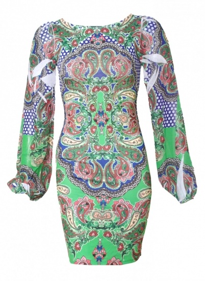 Foto Vestido corto con manga larga para boda con estampado paisley