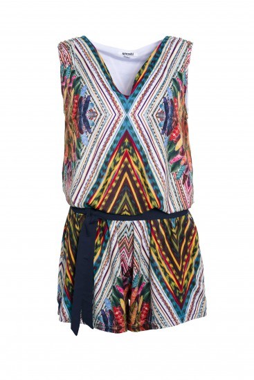 Foto Mono corto vaporoso sin mangas, escote pico y estampado étnico de estilo boho