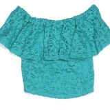 Top azul de encaje floral con volante en el escote de estilo 