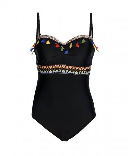 Foto Bañador negro con detalles étnicos y escote corazón que estiliza la figura y realza el pecho