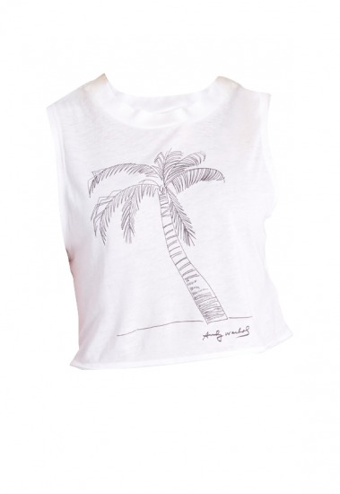 Foto Camiseta blanca sin mangas con estampado de palmera para tus looks de playa