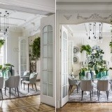 Elegante comedor en tonos blancos y grises